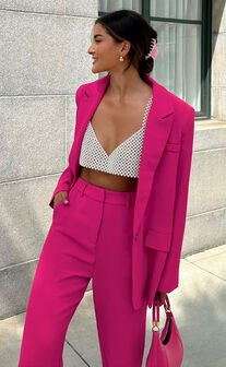 Michelle Blazer - Oversized Plunge Neck Button Up Blazer in Pink