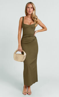 Benita Midi Dress - Scoop Neck Ruched Fitted Dress in Olive