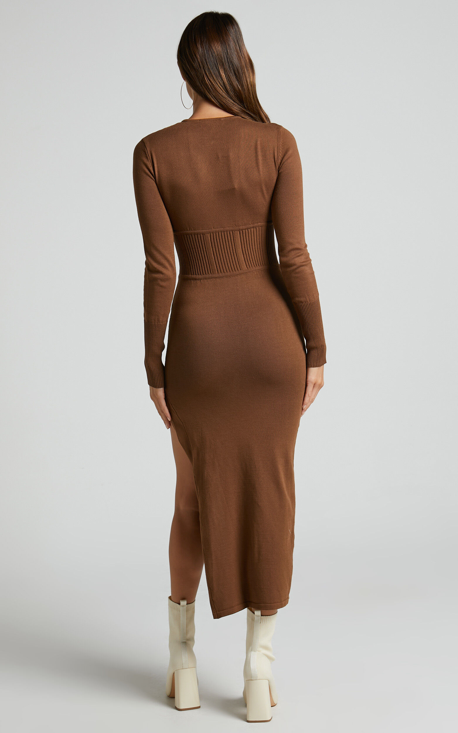 Myrline Midi Dress - Long Sleeve Knit Dress in Chocolate | Showpo