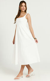 Khari Midi Dress - Linen Look Square A Line Dress in White | Showpo
