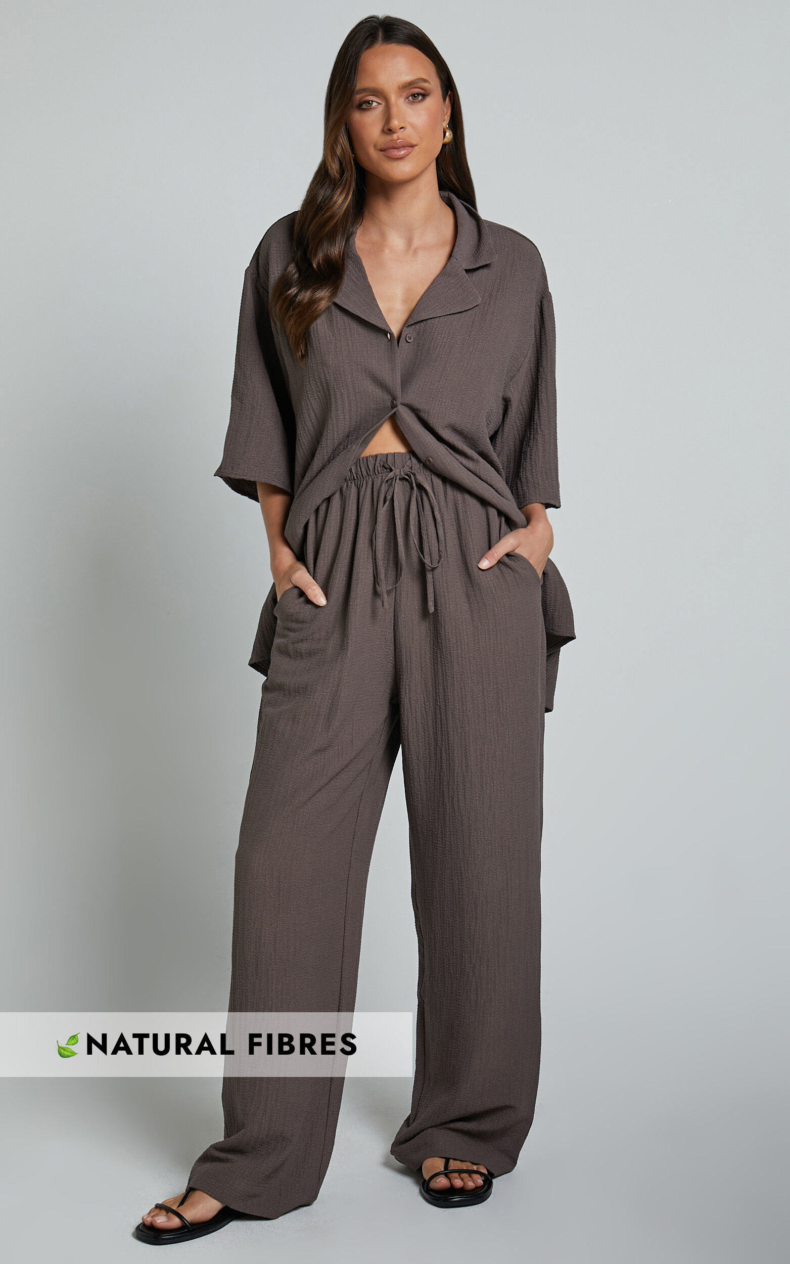 Arina Pants - Textured Cotton Straight Leg Pants in Mocha - 06, GRY1