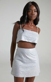 Elswyth Top - Strappy Sequin Crop Cami Top in Silver