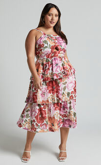 Caro Midi Dress - One Shoulder Tiered Dress in Spring Floral