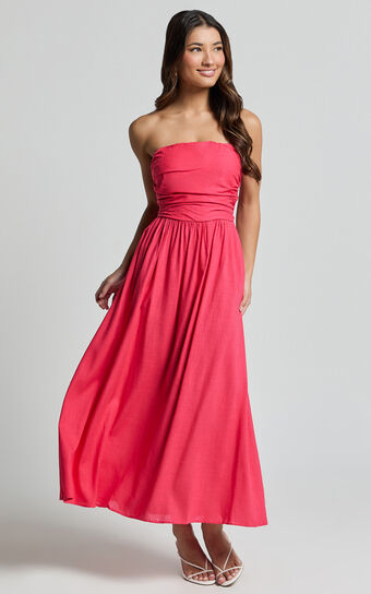 Polly Midi Dress - Strapless Ruched Dress in Lipstick Pink