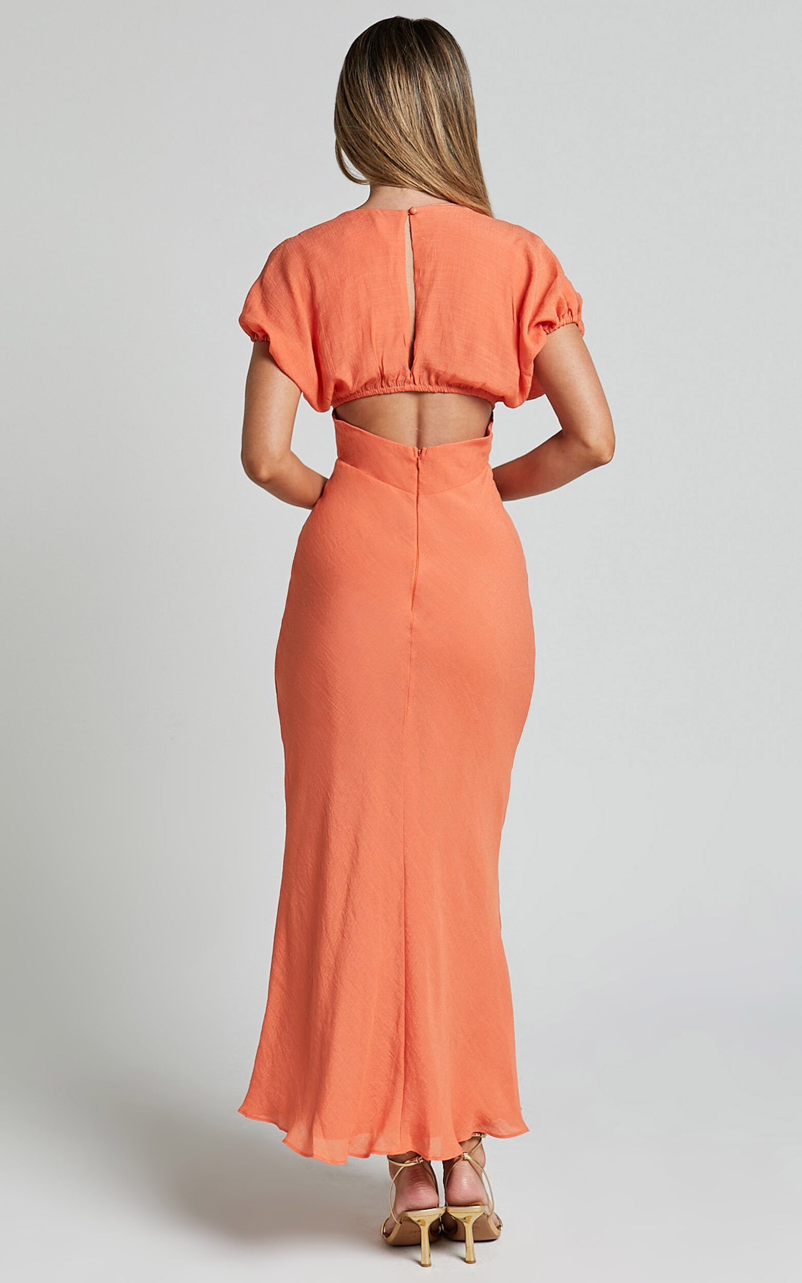 Desiree Maxi Dress - V Neck Flutter Short Sleeve Slip Dress in Orange ...
