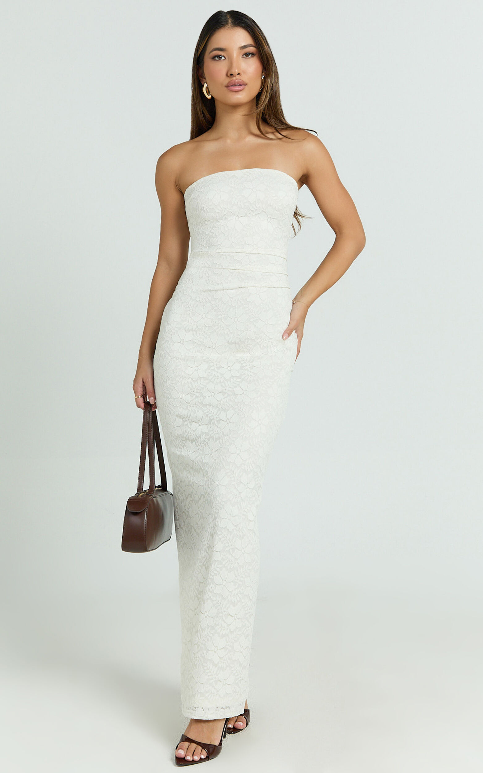 Bec Maxi Dress - Stretch Lace Strapless Dress in Off White - 06, WHT1