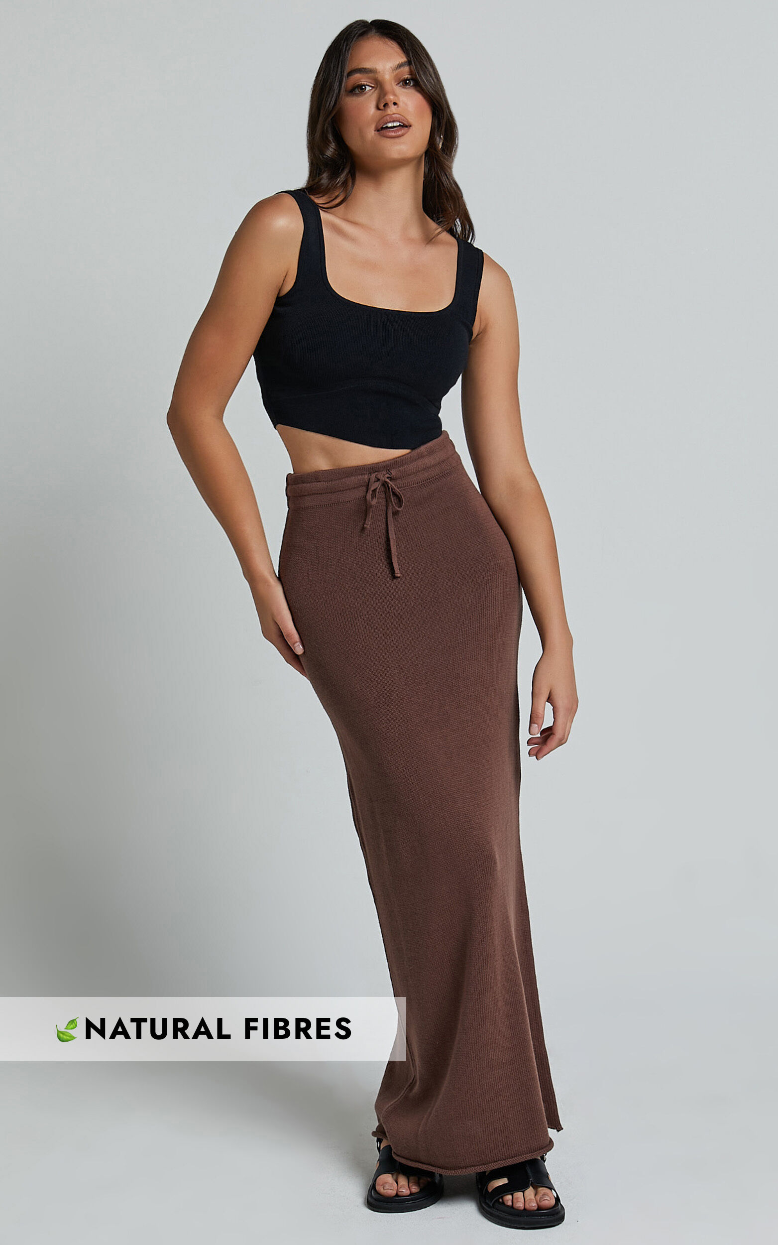 Dasuri Midi Knit Skirt - Drawstring Knited Maxi Skirt in Chocolate - 06, BRN1