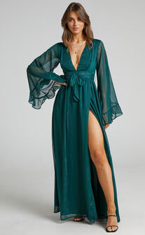 Dangerous Woman Maxi Dress - Plunge Thigh Split Dress in Emerald