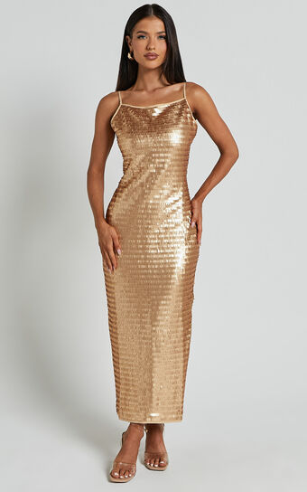 Niquita Midi Dress - Square Sequin Column Dress in Gold