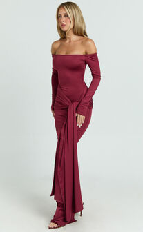 Judith Maxi Dress - Boat Neck Backless Tie Front Long Sleeve Jersey Dress in Wine