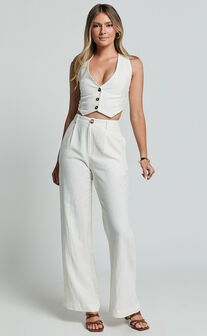 Bree Top - Linen Look V Neck Button Up Cropped Vest in White