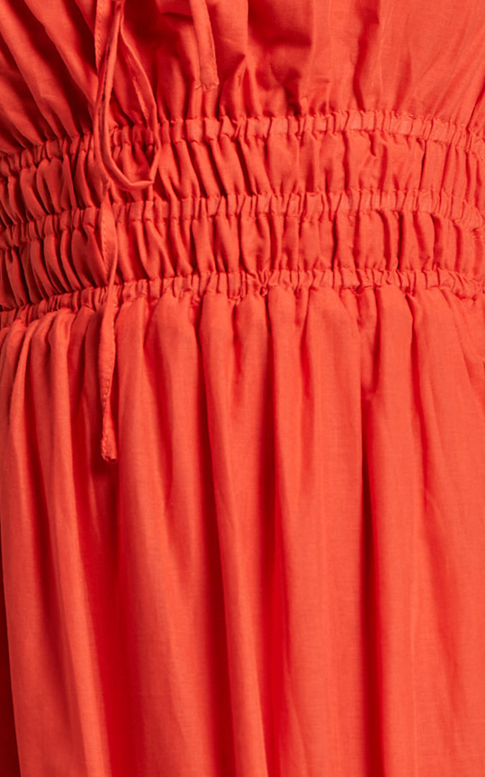 Schiffer Midi Dress Strappy Ruched Tie Front Tiered Dress in Red