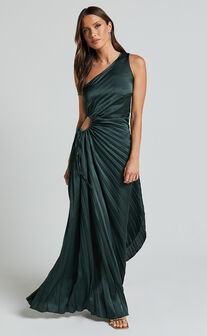 Kitsune Midi Dress - One Shoulder Cut Out Dress in Emerald Green