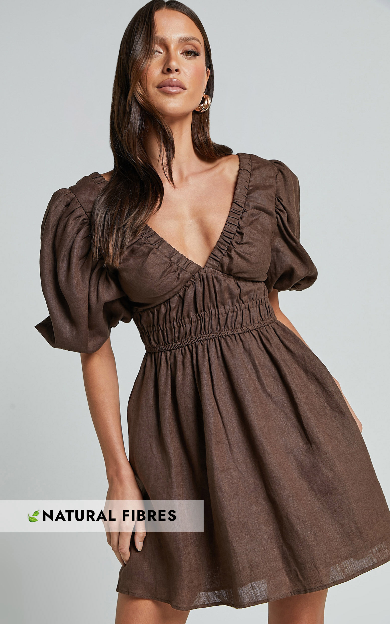Amalie The Label - Khaila Linen Plunge Puff Sleeve Mini Linen Dress in Chocolate - 06, BRN1