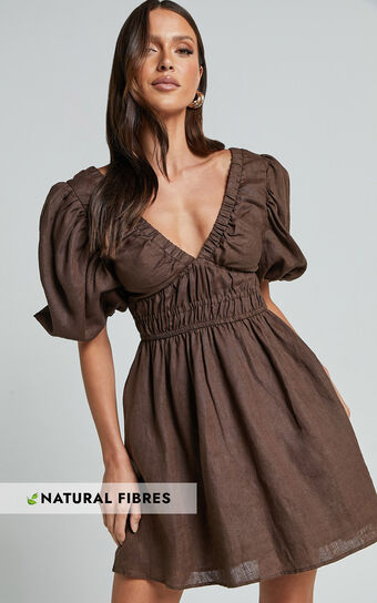 Amalie The Label - Khaila Linen Plunge Puff Sleeve Mini Linen Dress in Chocolate