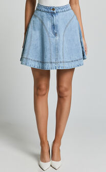 Koemi Skirt - High Waisted Denim Flare in Light Blue Wash