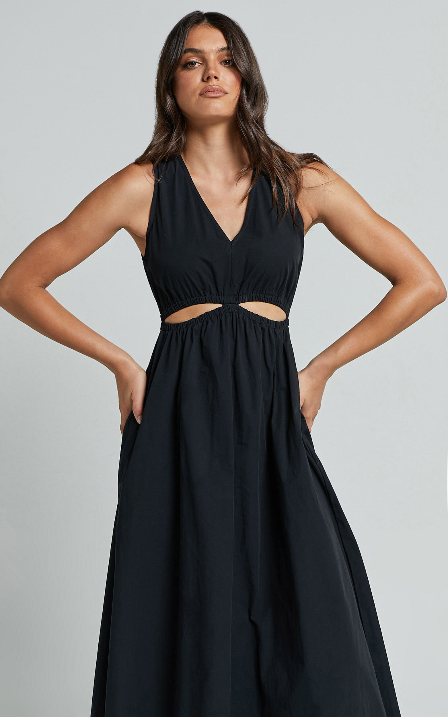 Celiana Midi Dress Plunge Elastic Waist Cut Out Sleeveless A Line Dress in Black