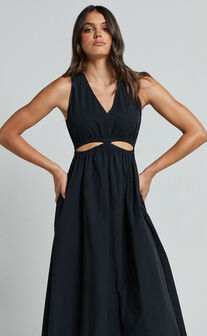 Celiana Midi Dress - Plunge Elastic Waist Cut Out Sleeveless A Line Dress in Black
