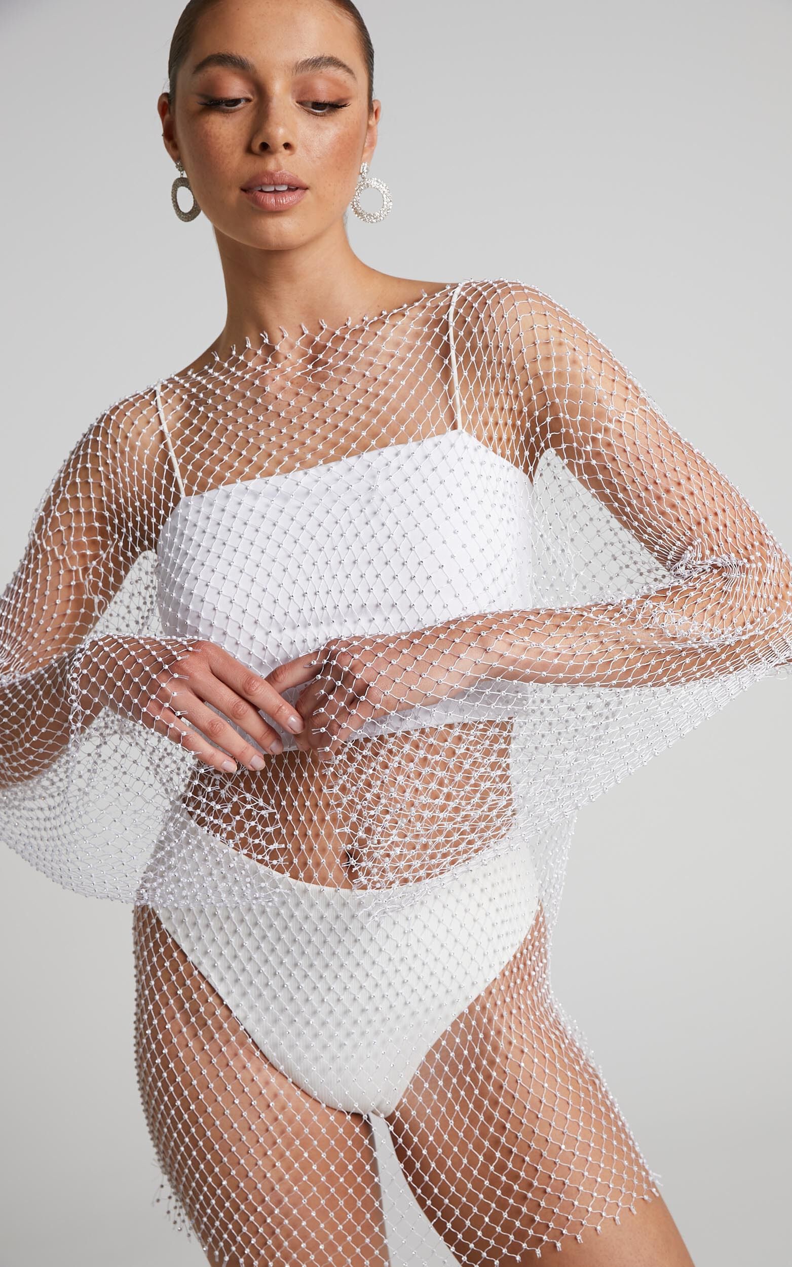 Sharlize Mini Dress - Diamante Mesh Long Sleeve Dress in White - OneSize, WHT1