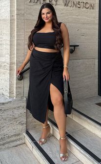 Gibson Two Piece Top and Skirt Set - Linen Crop Top and Knot Front Midi Skirt Set in Black