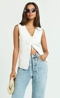 Katia Top - Tie Front V Neck Top in White
