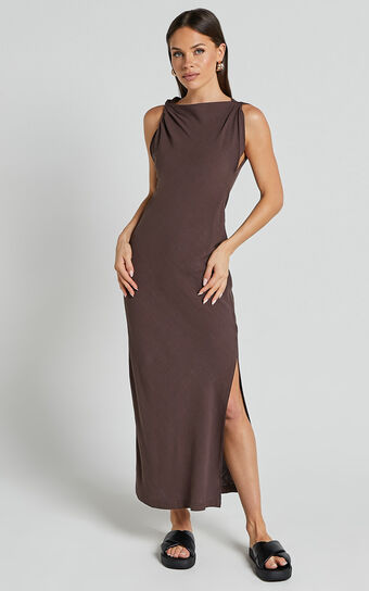 Jessenia Maxi Dress - Linen Look High Neck Dress in Chocolate