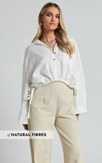 Amalie The Label - Alecia Linen Blend Side Tie Cropped Blouse in White Amalie the Label