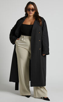 Avah Trench Coat - Double Breasted Tie Waist Coat in Black