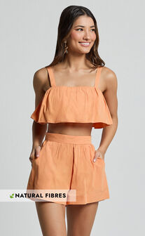 Hannah Two Piece Set - Frill Crop Top and High Waist Shorts in Sherbet Orange