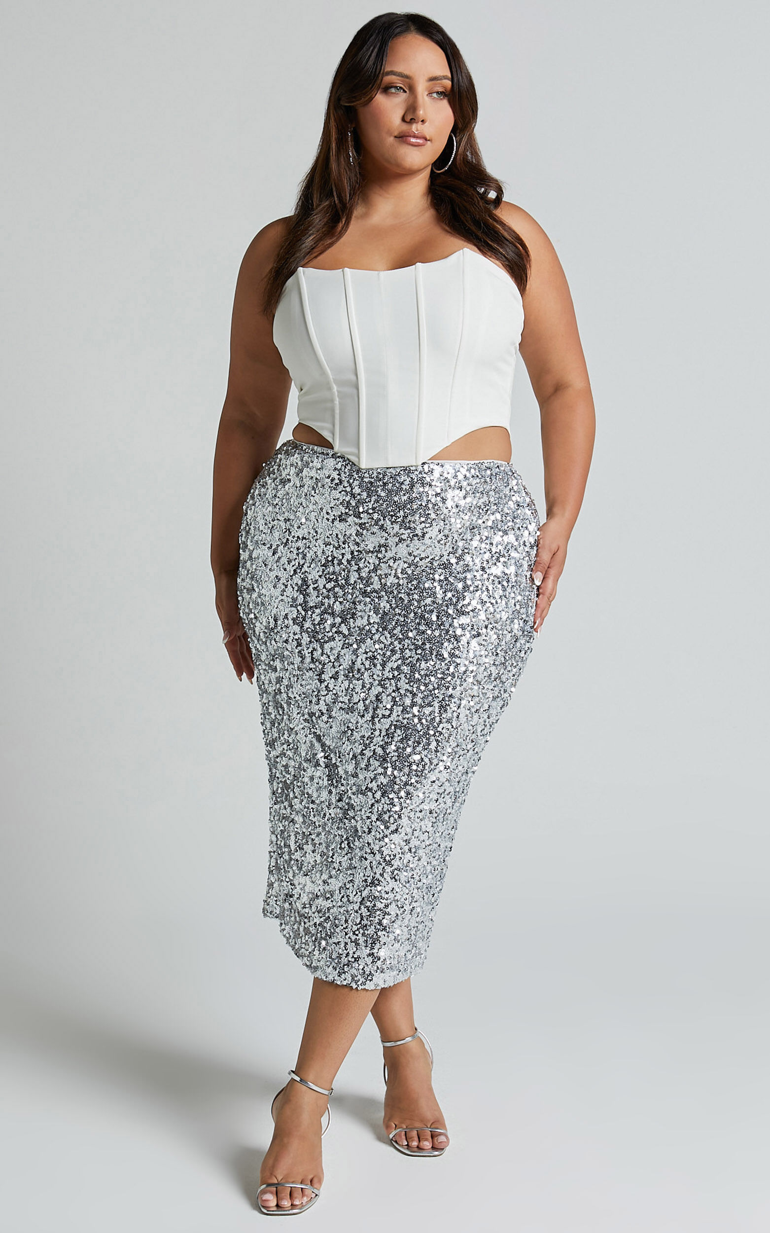 Hasley Midi Skirt Sequin Bodycon Skirt in Silver Showpo USA