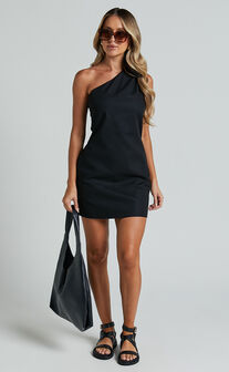 Mardelle Mini Dress - Linen Look Asymmetric One Shoulder Dress in Black