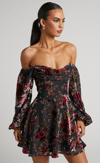 Jessell Mini Dress - Long Sleeve Cowl Corset Dress in Black Floral