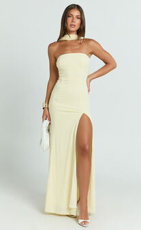 Dorothea Maxi Dress - Georgette Scarf Fit and Flare Dress in Lemon
