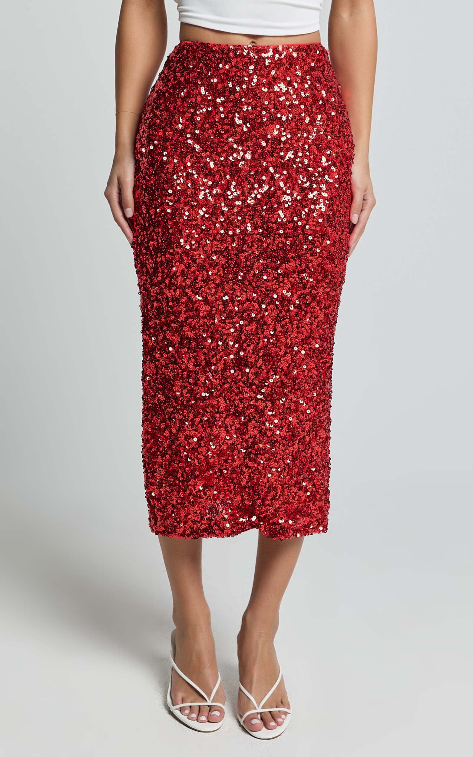 Hasley Midi Skirt Sequin Bodycon Skirt in Red