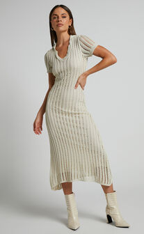 Jolie Midi Dress - Crochet Collared Short Sleeve Dress in Cream