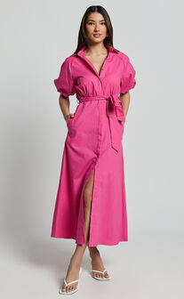 Jesse Midi Dress - Puff Sleeve Collared Shirt Dress in Hot Pink