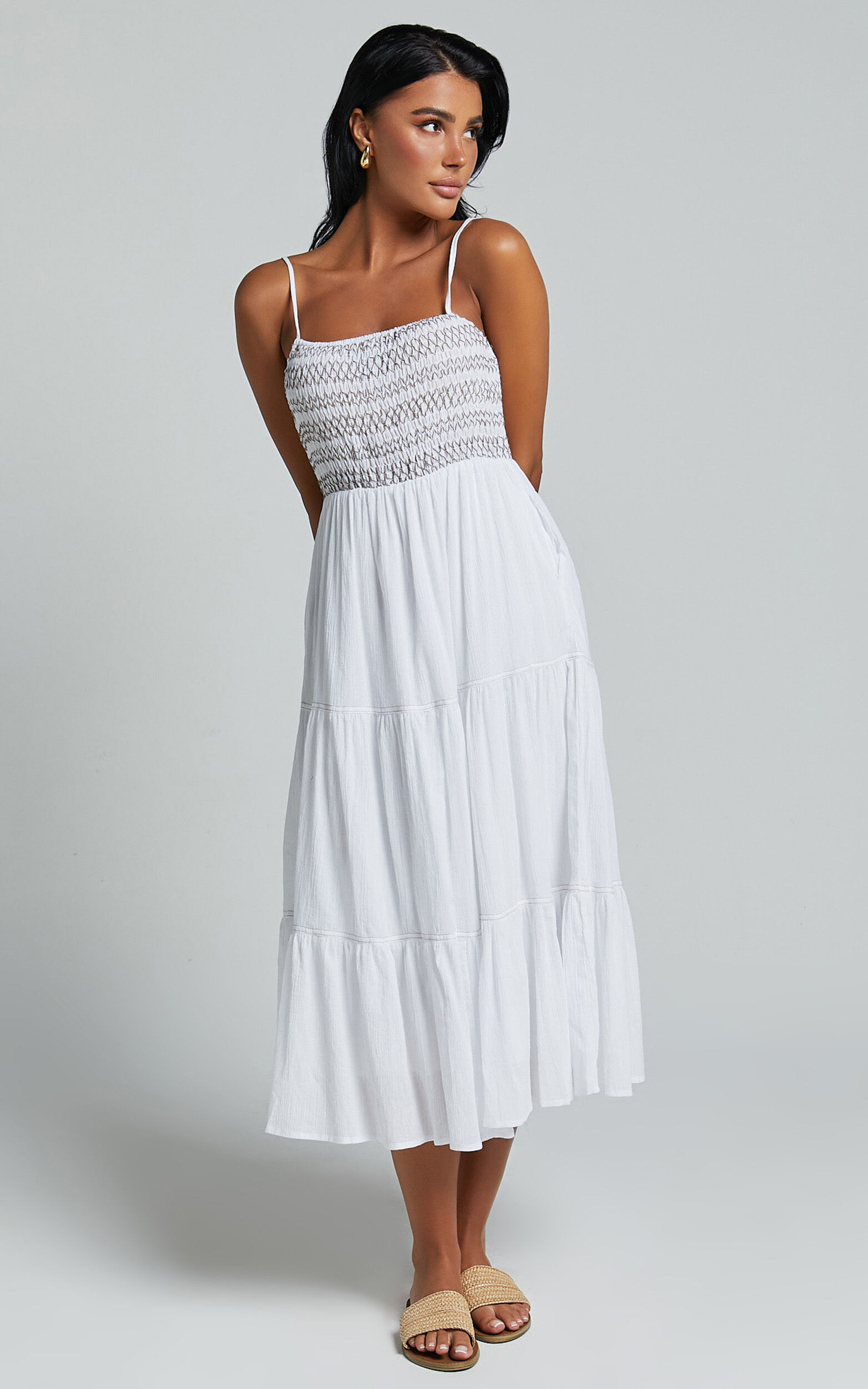 Gloria Midi Dress - Strappy Straight Neck Tiered Dress in White - 06, WHT1