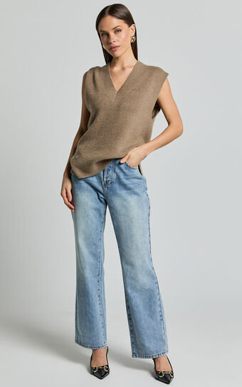 Chenelle Top - Sleeveless Knit Sweater Vest in Biscuit