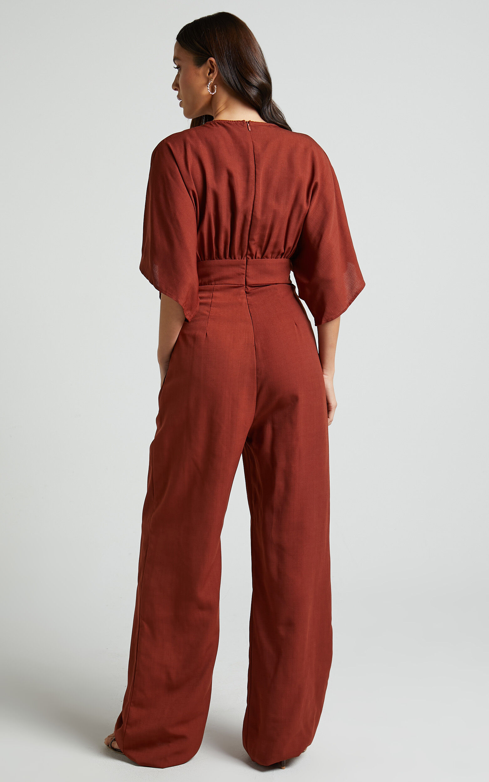 Hanlou Jumpsuit Flutter Sleeve V Neck Button Front Wide Leg