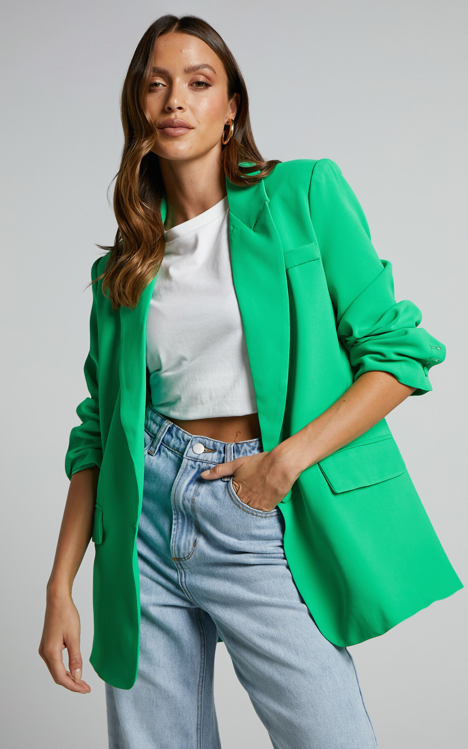 Michelle Blazer Oversized Plunge Neck Button Up Blazer in Green