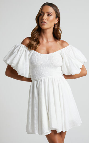Cedlla Mini Dress - Puff Sleeve Textured Dress in White