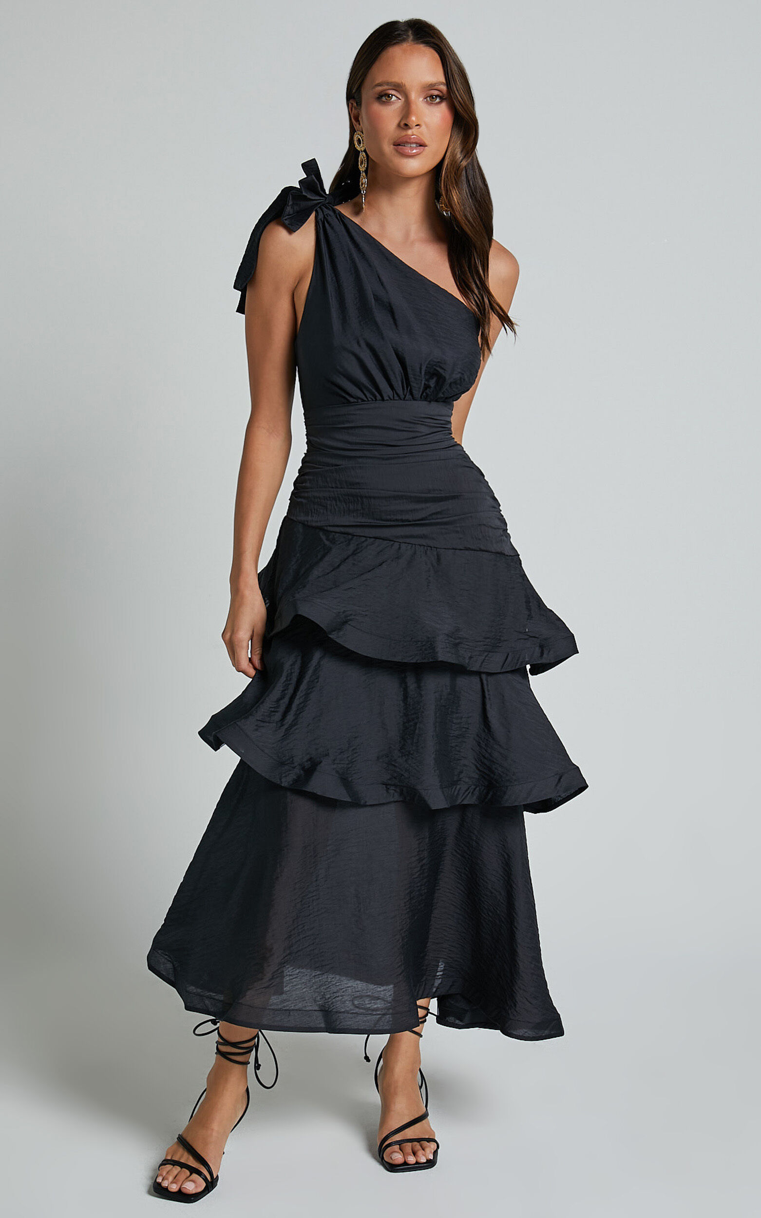 Eugenia Midi Dress One Shoulder Fit and Flare Layered Dress in Black
