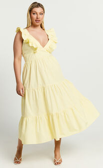 Levona Midi Dress - Ruffle Shoulder Tiered Dress in Lemon