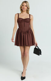 Jonas Mini Dress - Corset Ruched Lace Trim Dress in Chocolate | Showpo USA