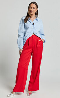 Jacie Pants - High Waisted Relaxed Textured Pants in Red