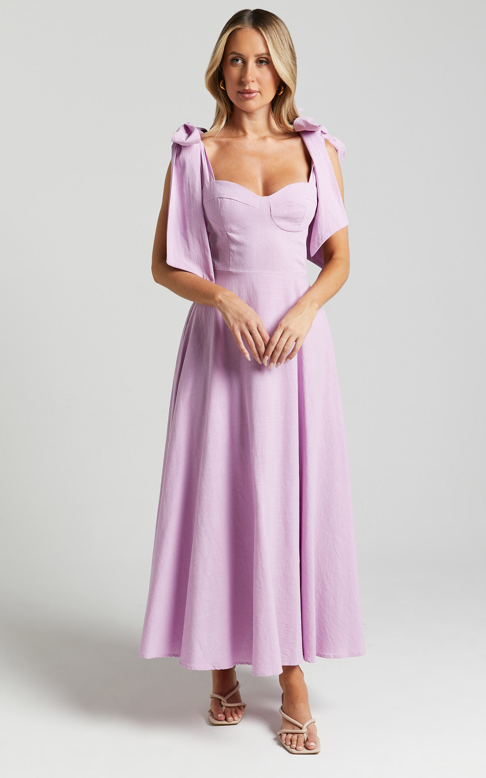 Tymia Midi Dress - Shoulder Tie Bustier Shirred Back A Line in Lavender ...