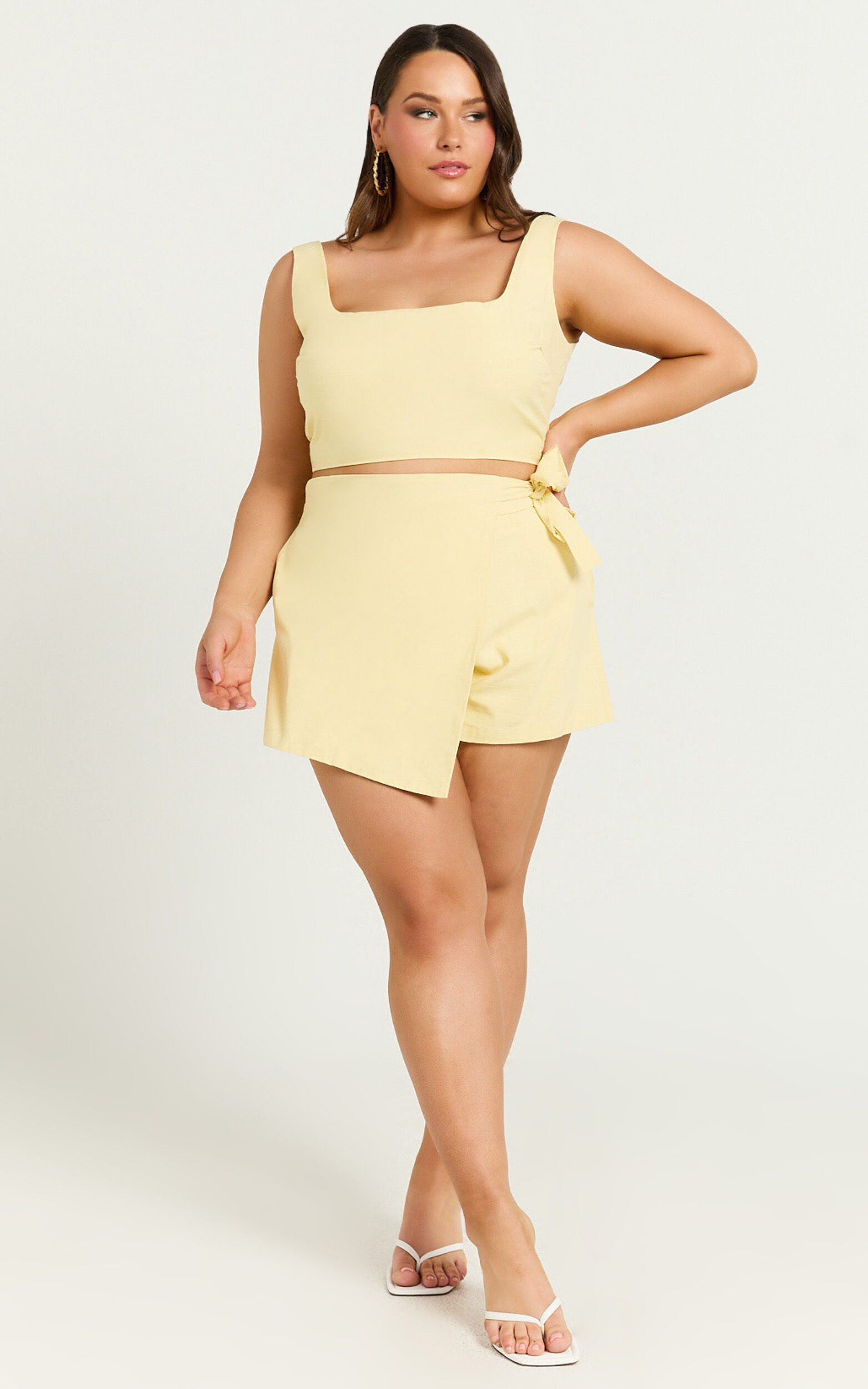Polina Two Piece Set - Linen Look Square Neck Crop Top and Tie Waist ...