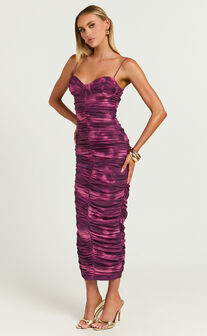 Leanor Midi Dress - Mesh Ruched Bustier Bodycon Dress in Purple Fields