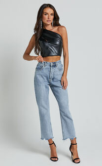 Catalina Top - Faux Leather One Shoulder Cut Out Crop Top in Black