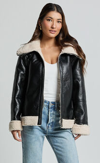 Willa Jacket - Faux Leather Shearling Aviator Jacket in Black